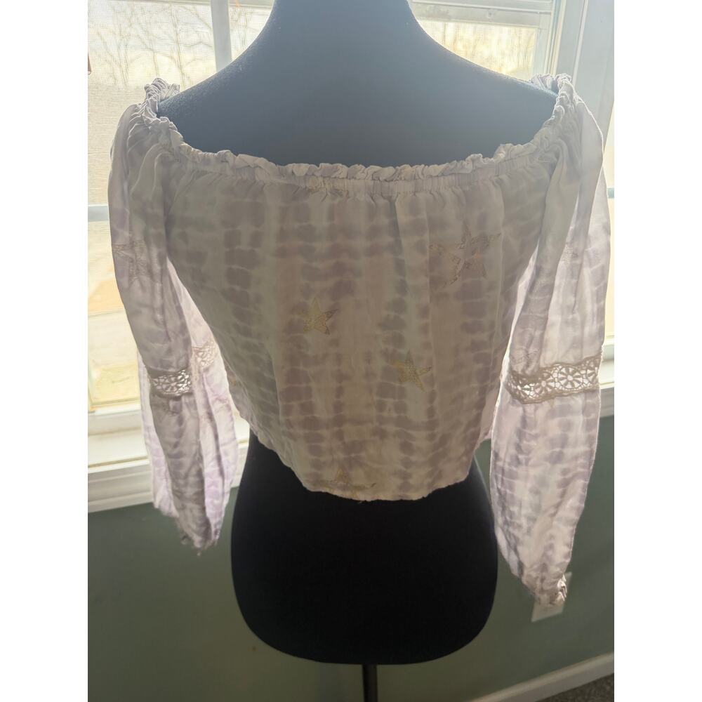 Boho Tie-Dye Gypsy Blouse Size M Gold Star Print Crochet - Picture 6 of 6